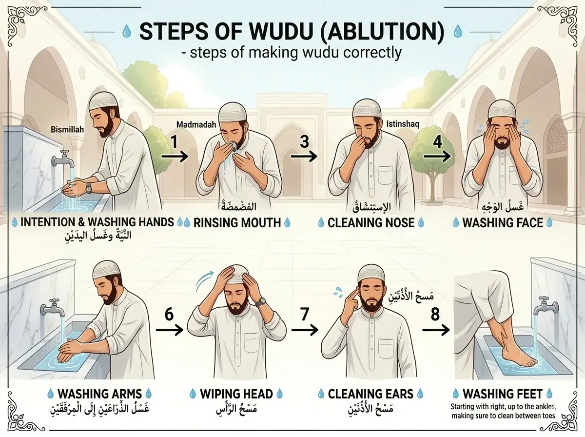 Illustration visar stegen för wudu (rituell tvagning) inom islam. Från att tvätta händerna till att tvätta fötterna.