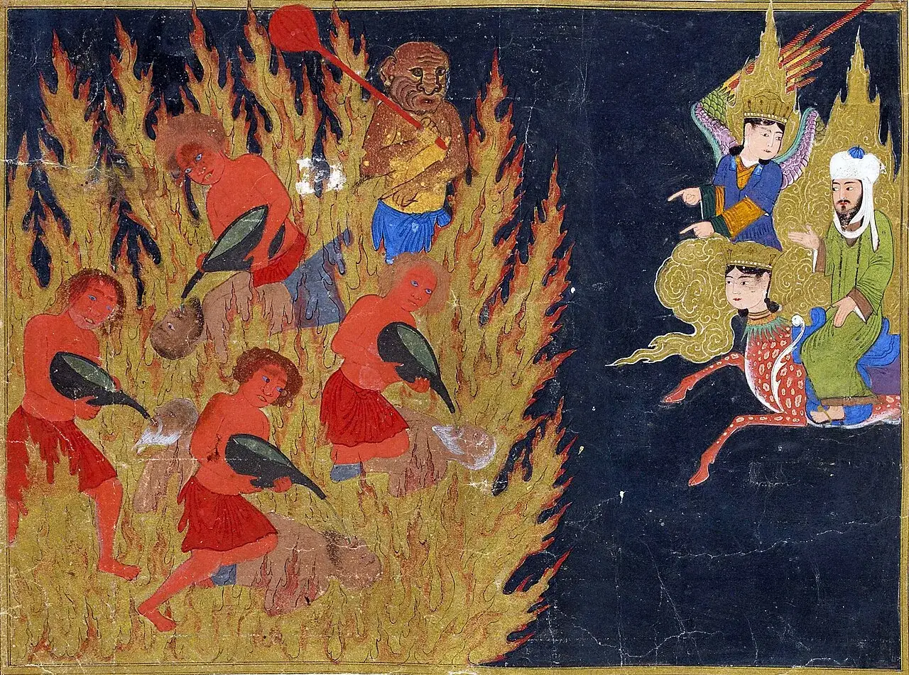 Människor plågas i eld, en bild av helvetet i islam. En demon med klubba övervakar. Högst upp sitter figurer på moln.