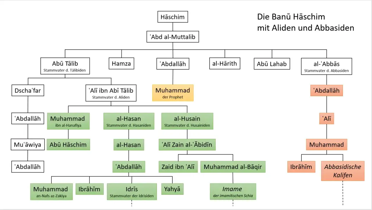Släktträd över Banu Hashim, med profeten Muhammed, Aliden och Abbasiderna. Abdullah bin Abdul Muttalib var far till profeten.