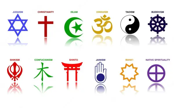 Symboler för olika religioner, inklusive islam med halvmåne och stjärna. Jämför med judendom, kristendom, hinduism, buddhism, taoism, shinto, jainism, bahá'í och inhemsk andlighet.
