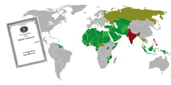 Världskarta med länder färgkodade, bredvid ett dokument om "The Cairo Declaration on Human Rights in Islam". Ingen koppling till black magic islam.